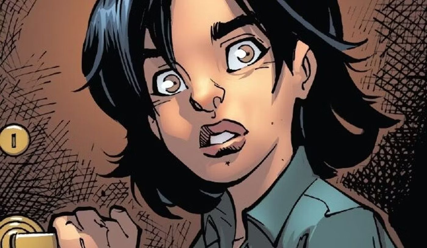 Close up of Otto Octavius' love interest Anna Maria Marconi, looking startled as she opens her apartment door.