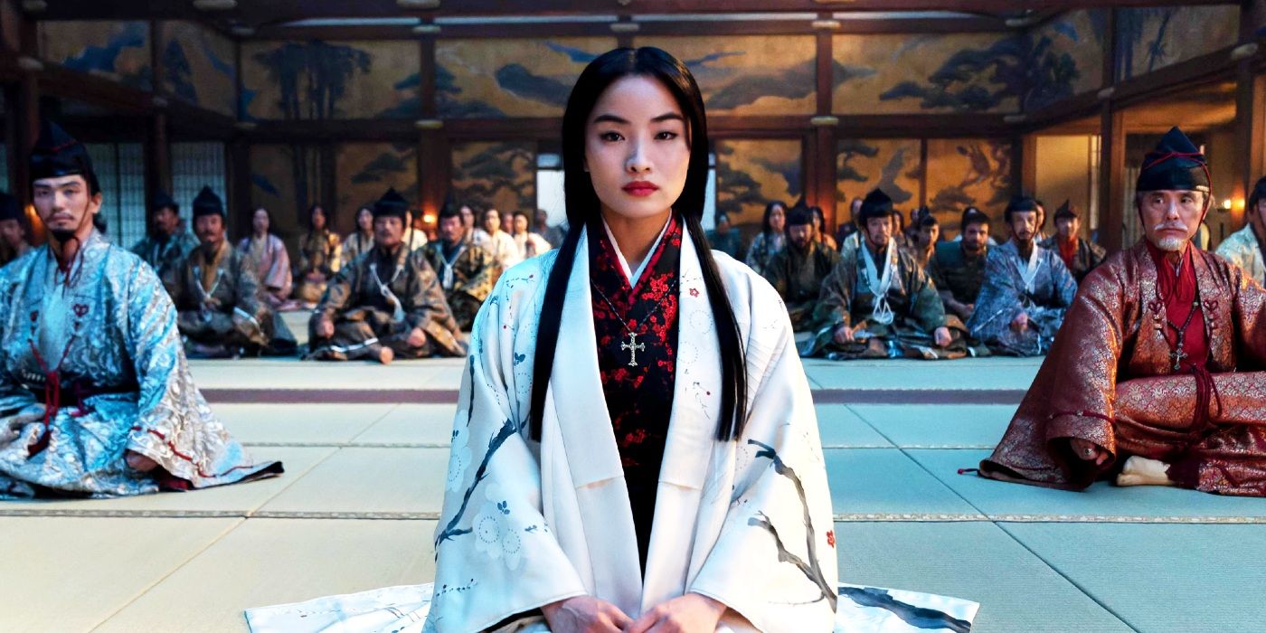 Anna Sawai kneeling in a council meeting as Mariko in Shōgun episode 9