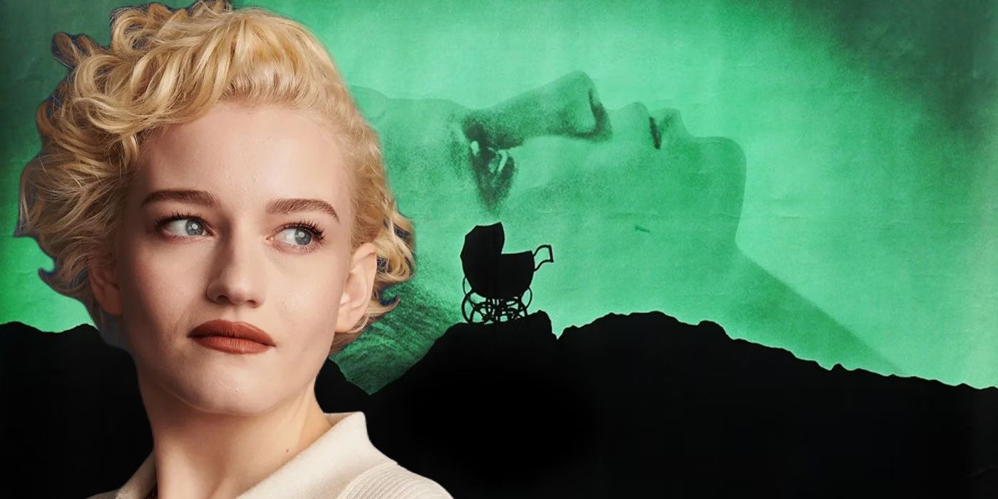 A composite image of Julia Garner in front of the poster for Rosemary's Baby