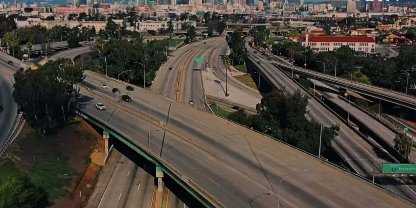 An aerial shot in Apple TV+ Sugar shows a stack freeway in Los Angeles.