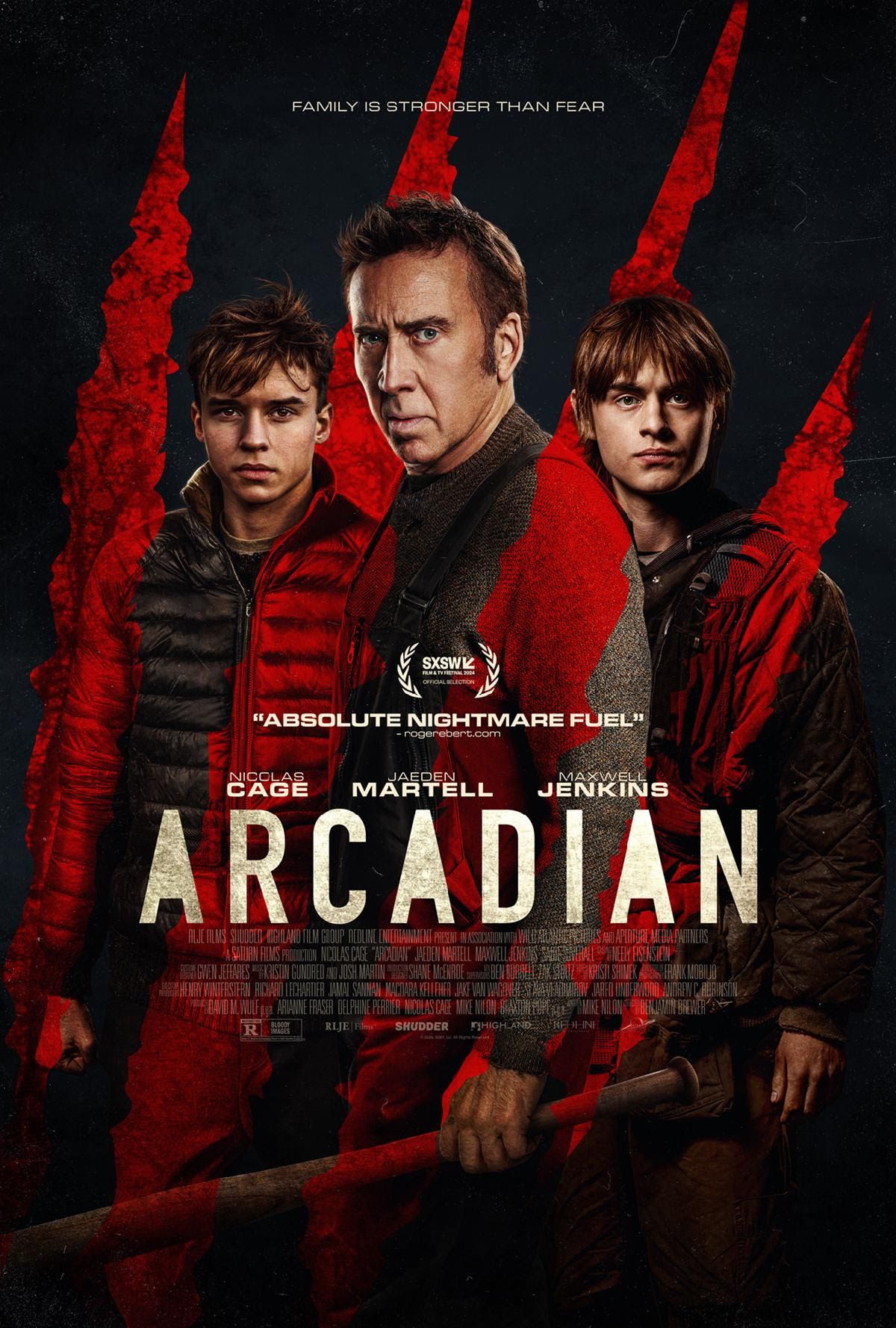 Pôster do filme Arcadian mostrando Nicolas Cage, Jaeden Martell e Maxwell Jenkins