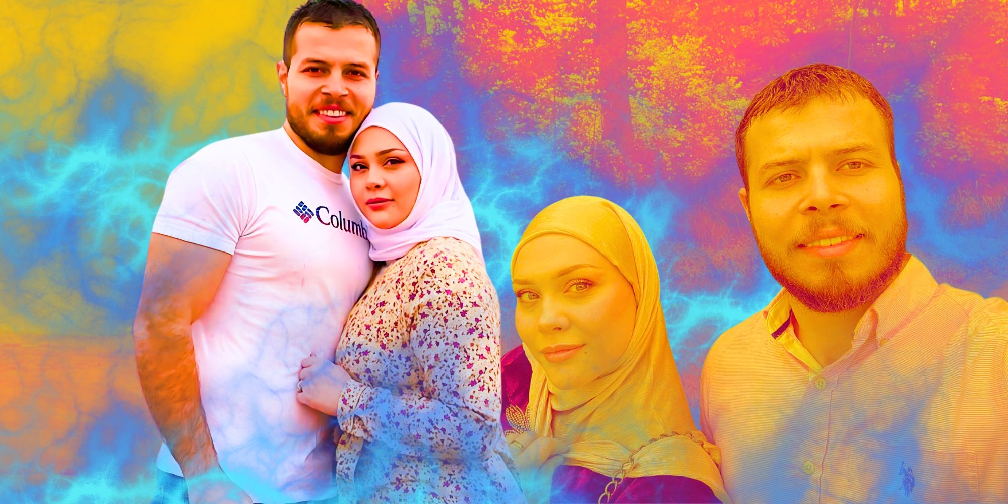 Omar Albakour wearing white tshirt & Avery Mills wearing hijab from 90 Day Fiancé: Before the 90 Days Season 3 colorful background