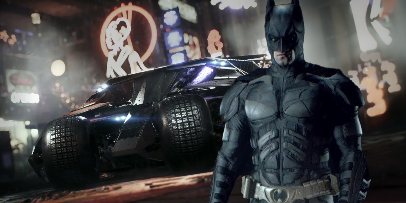Arkham Knight's Dark Knight suit with the Tumbler behind it