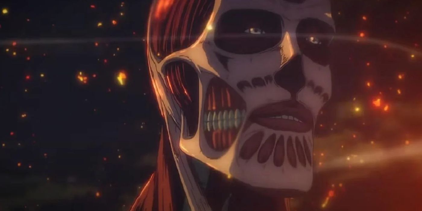 Armin's Colossal Titan Form in Attack on Titan with fire and embers floating around him.