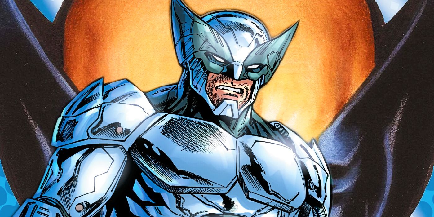 Wolverine stands in shiny new armor, set against the backdrop of his iconic mask.