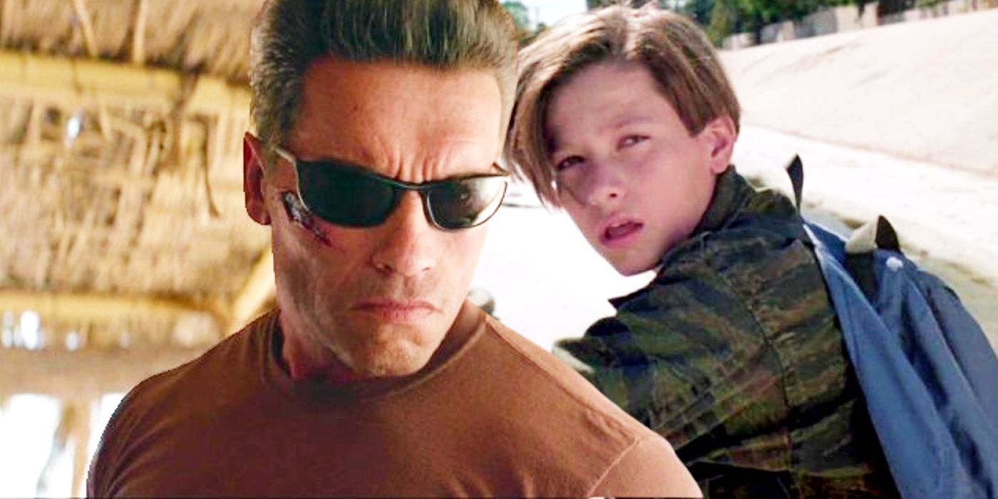 Arnold Schwarzenegger as the T-800 juxtaposed with Edward Furlong as John Connor in the Terminator franchise