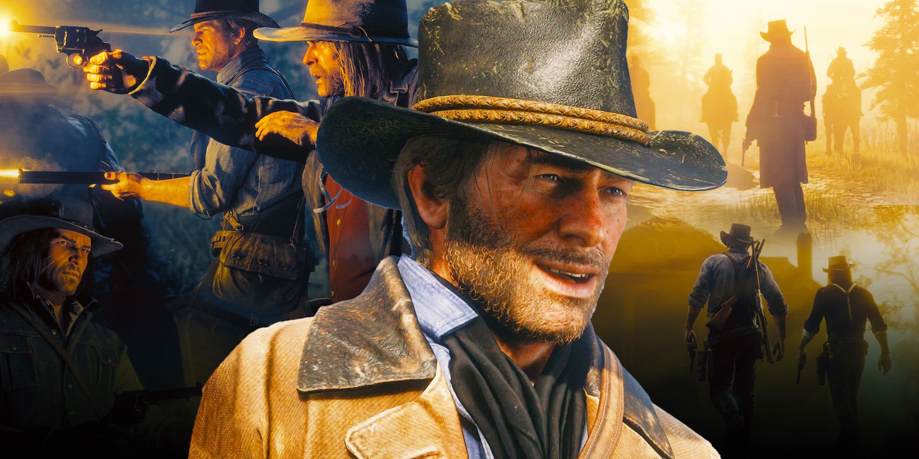 Arthur Morgan de Red Dead Redemption 2 sorri com vários personagens ao fundo.