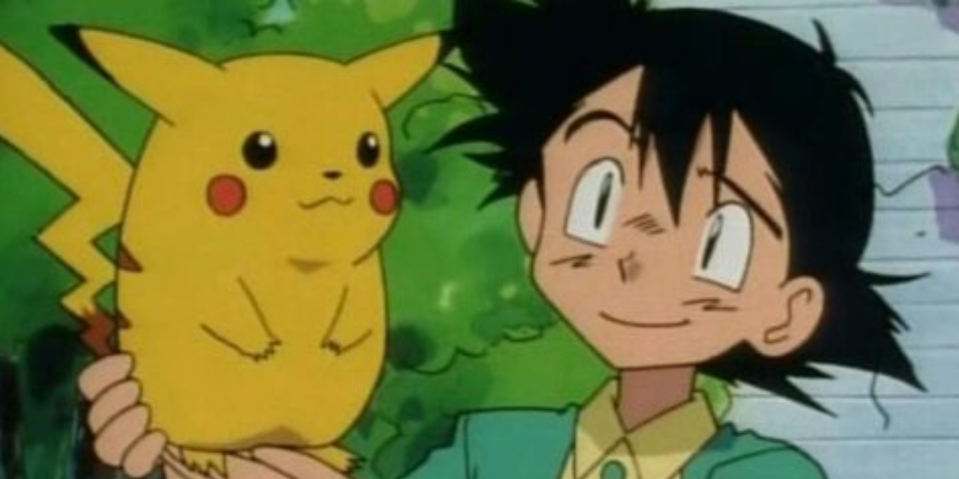 Ash holds Pikachu Pokémon's hands