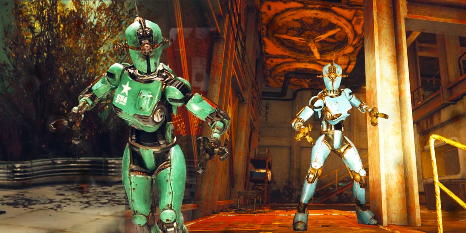 Two Assaultrons from Fallout 76 approach the player, ready to attack.
