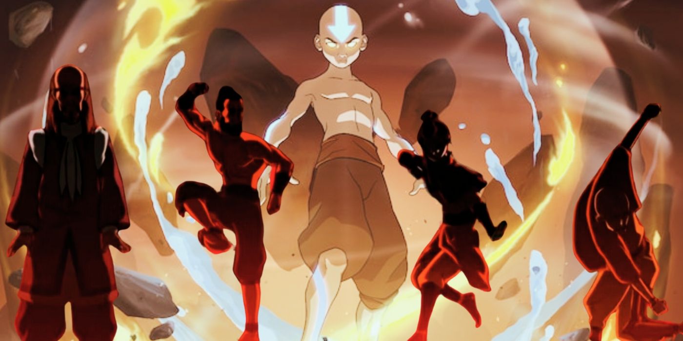 A composite image features Aang in the Avatar state in the background and the four benders from the Avatar: The Last Airbender opening credits in the foreground