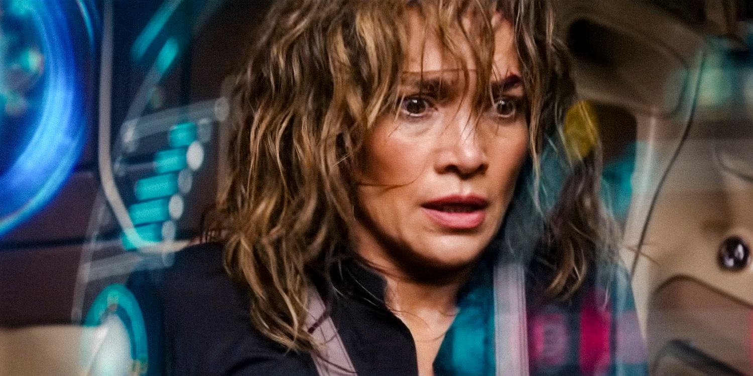 Atlas (Jennifer Lopez) in front of a futuristic interface screen looking worried in Atlas (2024)