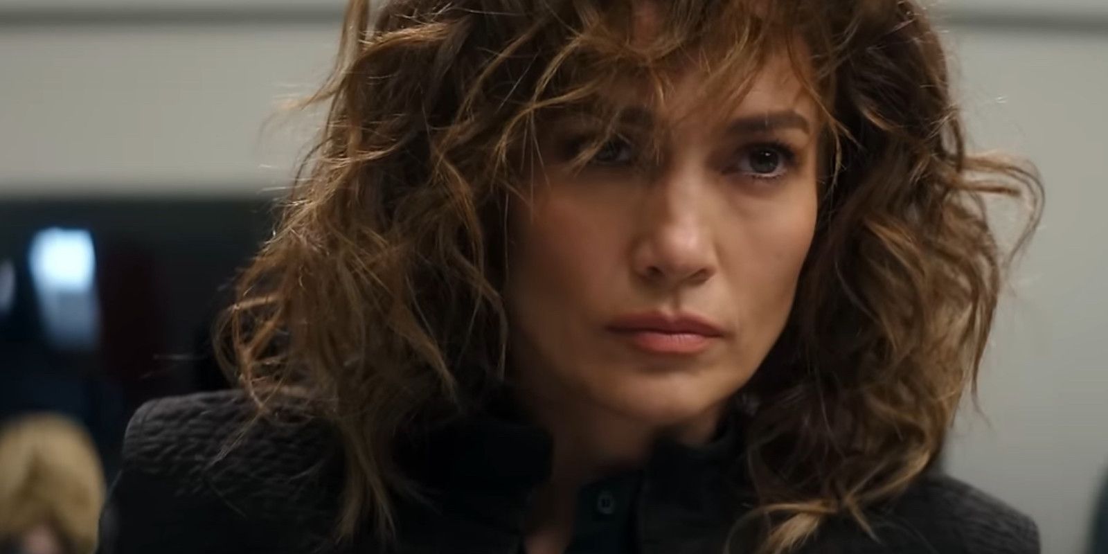 Atlas Jennifer Lopez main character looking concerned and serious in a close up
