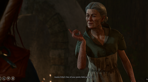 Auntie Ethel in baldur's gate 3 pointing at the side.