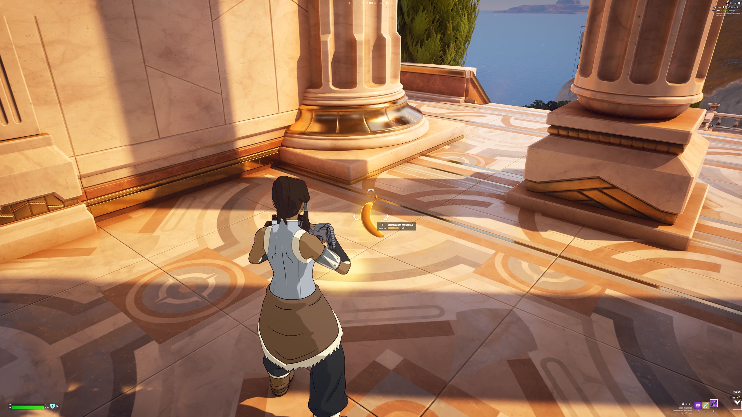 Avatar Korra coletando banana dos deuses no templo de mármore em Fortnite