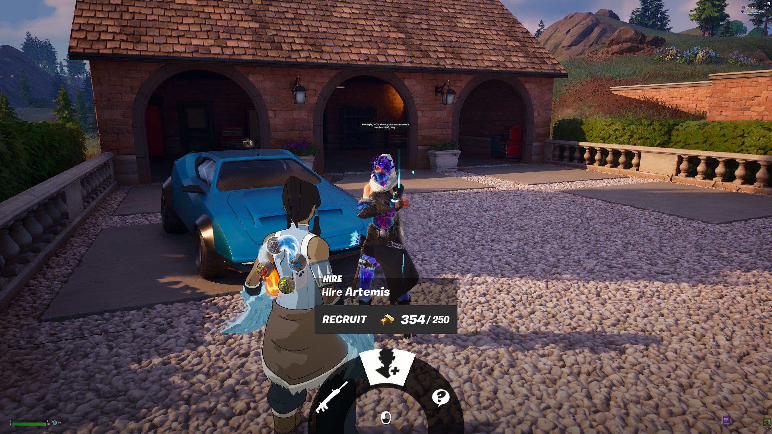 Avatar Korra contratando Artemis NPC enquanto estava perto de um carro esportivo azul em Fortnite