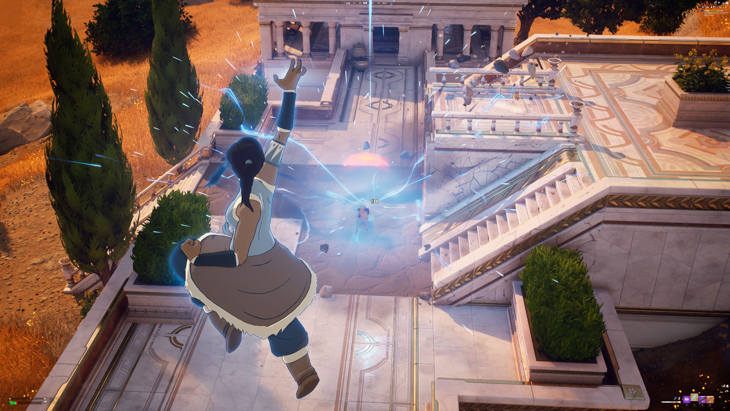 Avatar Korra derrubando jogador inimigo com raio de Zeus em Fortnite