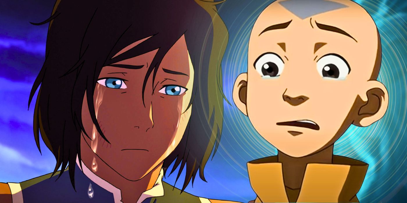 A collage of Aang from Avatar The Last Airbender and Korra from Legend of Korra both looking sad.