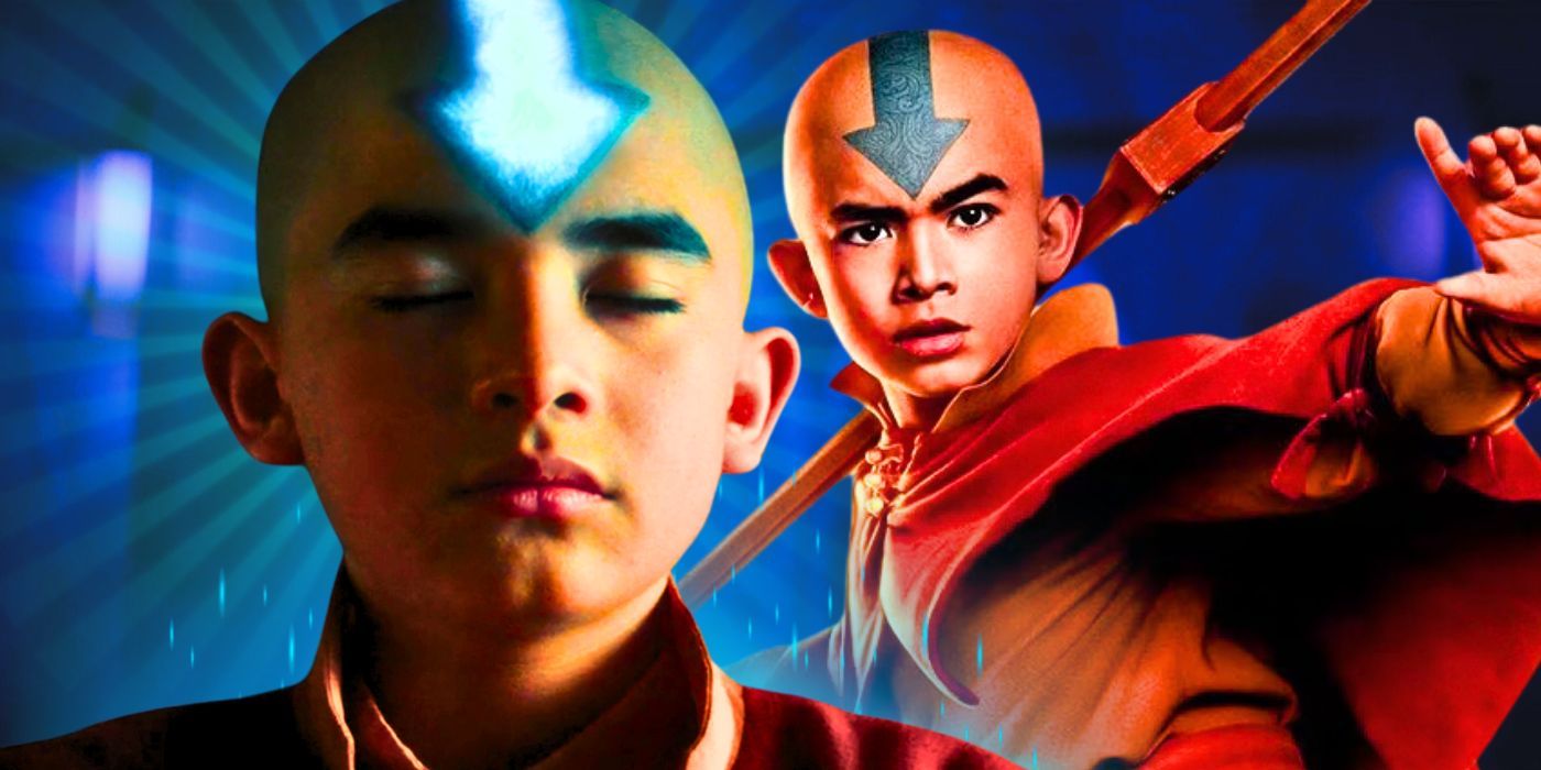 Gordon Cormier as Aang closing his eyes with his head tattoo lighting up next to himself holding his glider and standing in a battle stance in the live-action Avatar: The Last Airbender