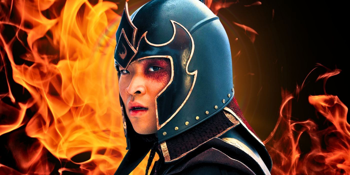 Dallas Liu usando um capacete como Príncipe Zuko no live-action Avatar: The Last Airbender da Netflix