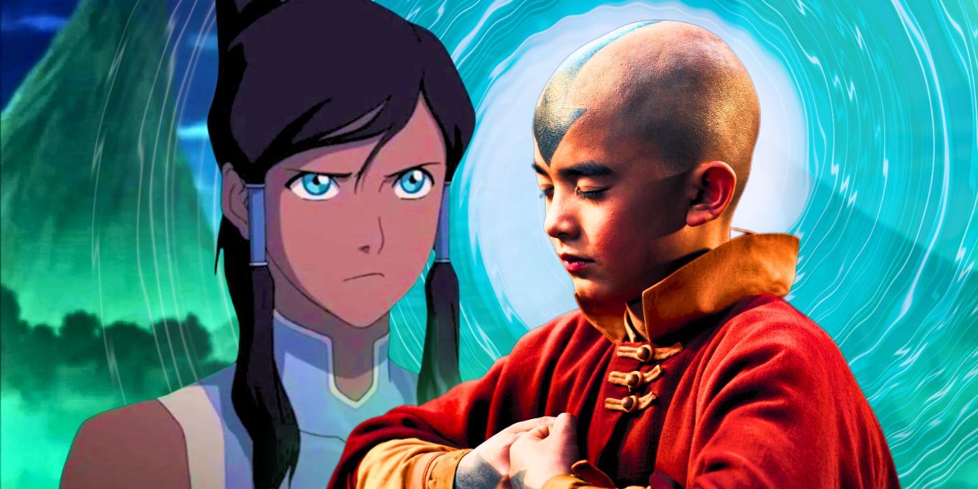 Korra looking angry in The Legend of Korra and Aang meditating in the live-action Last Airbender