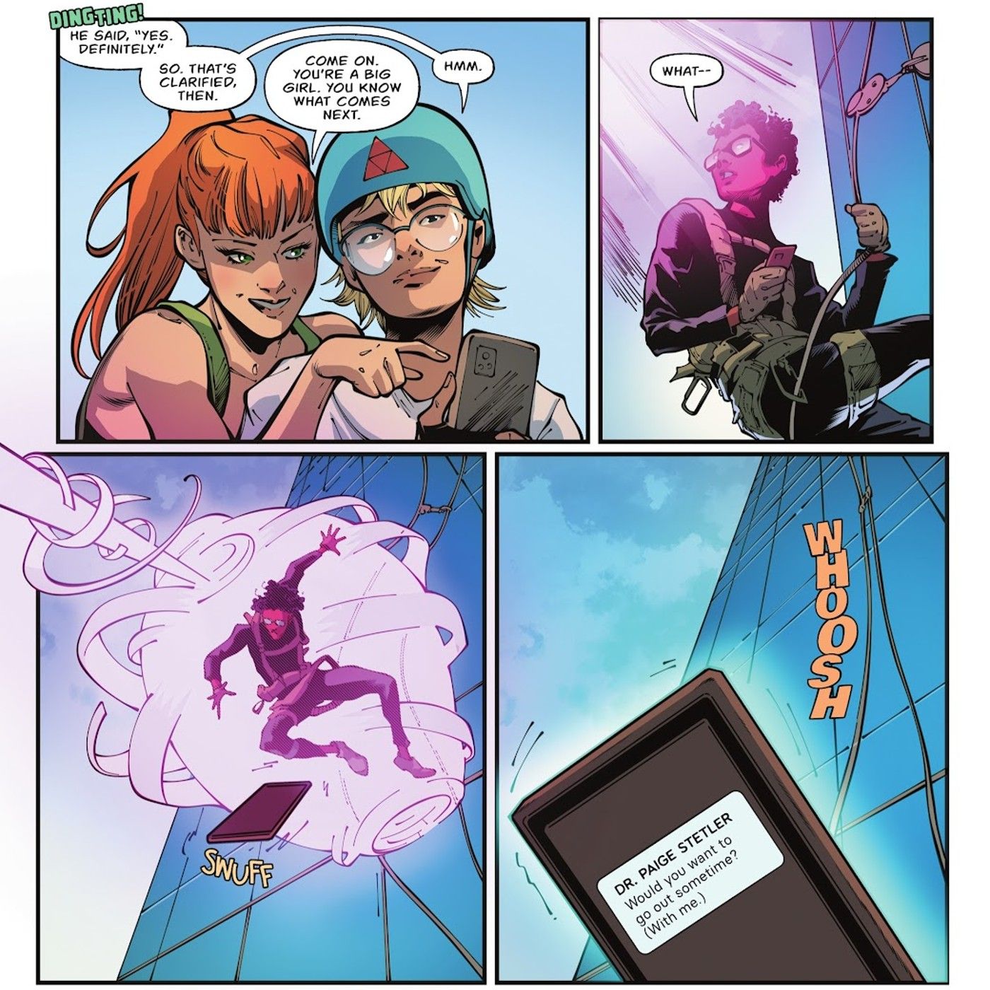 Painéis de quadrinhos: Axel Gust é sequestrado por Brainiac enquanto flertava com Power Girl (com Omen) por texto.