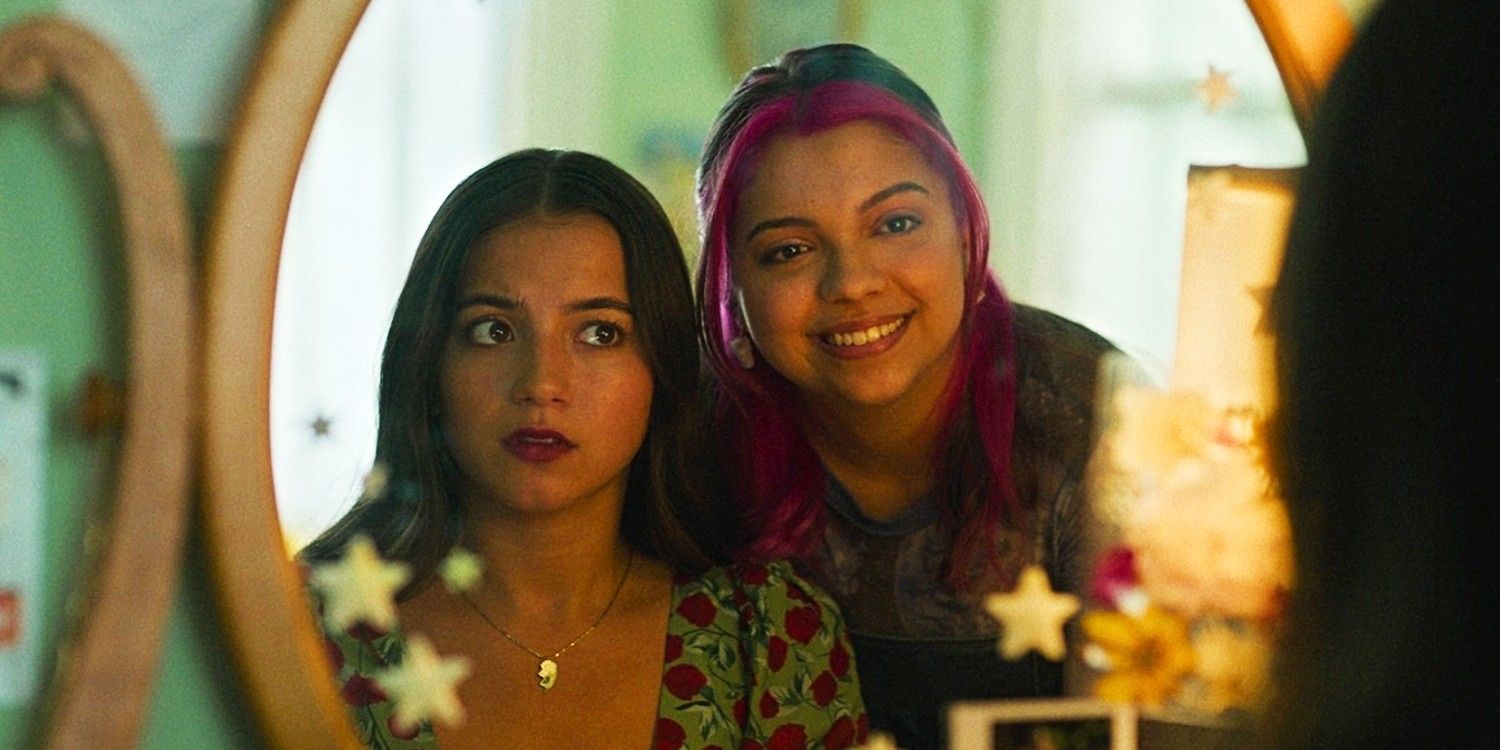 Aza (Isabela Merced) looking nervous while Daisy (Cree) smiles into a mirror in Turtles All the Way Down