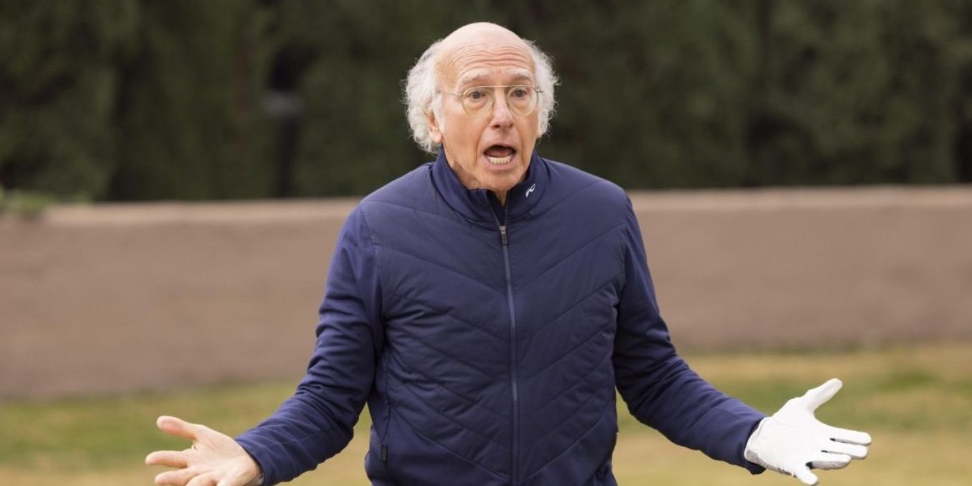 Larry David yelling with his arms extended in Curb Your Enthusiasm