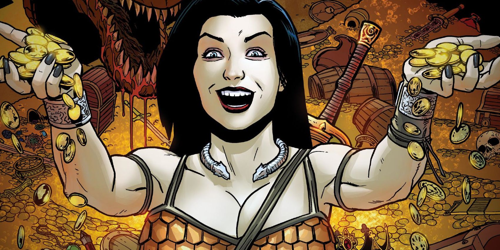 Garth Ennis' new series BABS, a sword & sorcery satire; protagonist surrounded by treasure