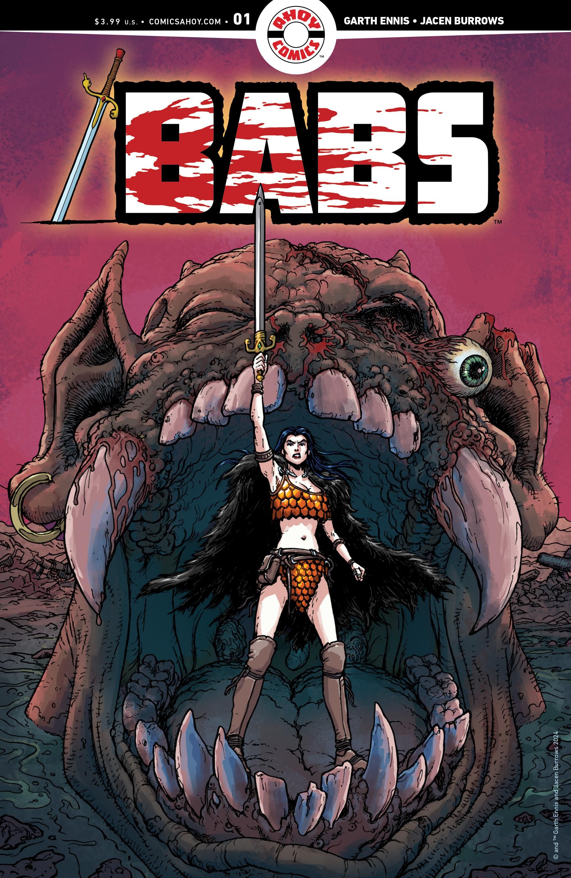 Variant cover for Garth Ennis' series BABS, featuring the protagonist holding a sword in front of a monster's mouth