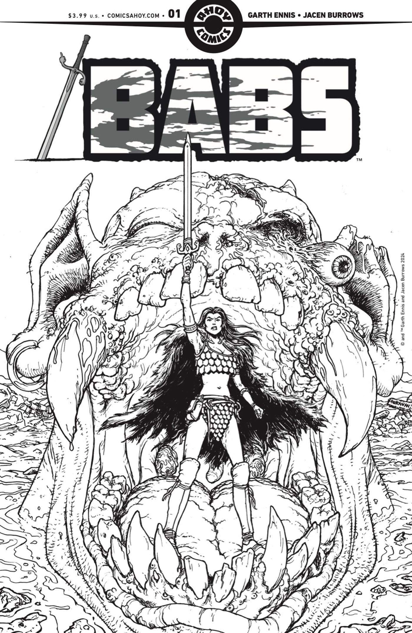 BABS black & white variant cover, main character holding sword standing in monster's mouth