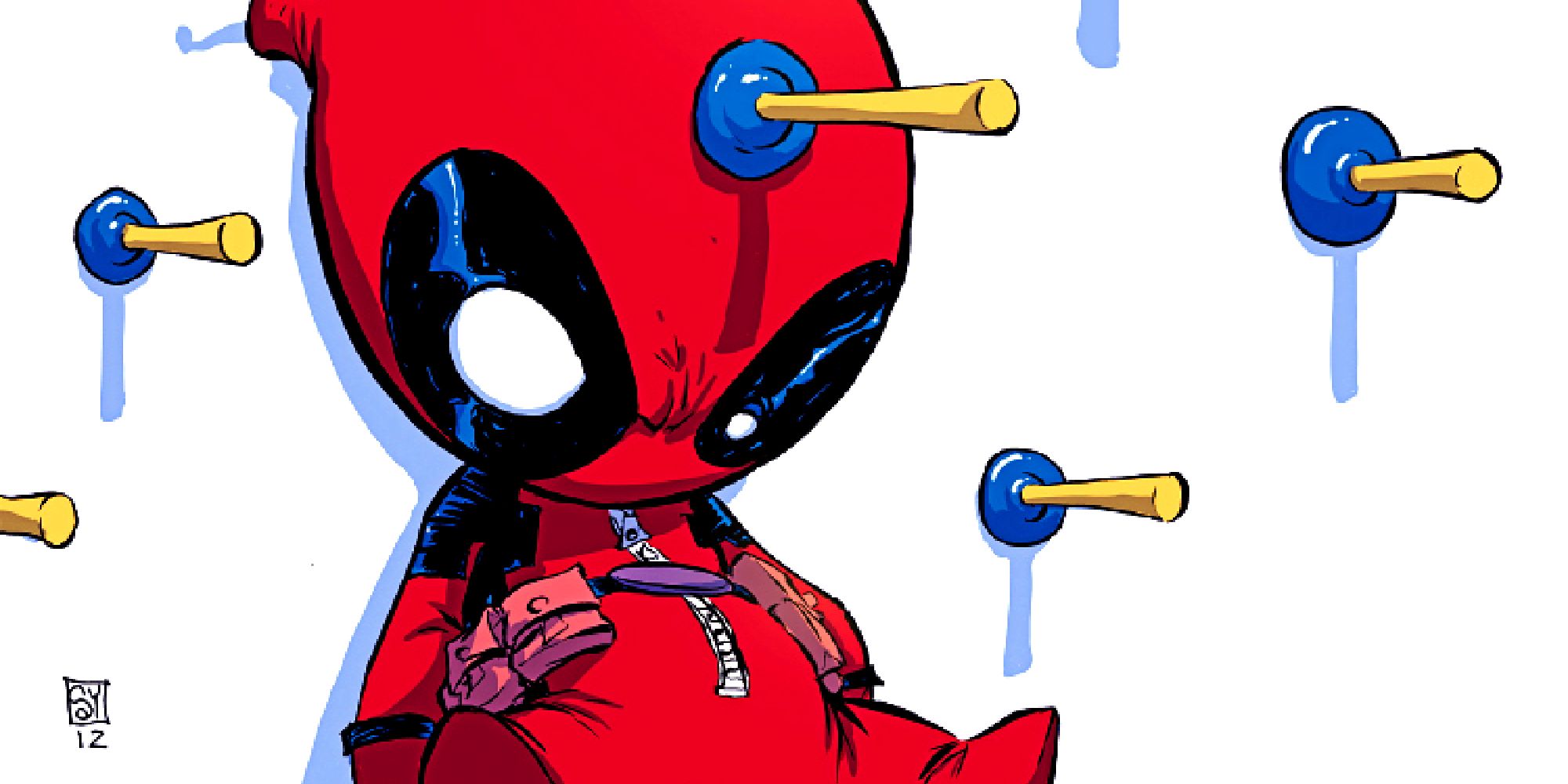 Babypool baleado por pequenos êmbolos na capa da Marvel Comics