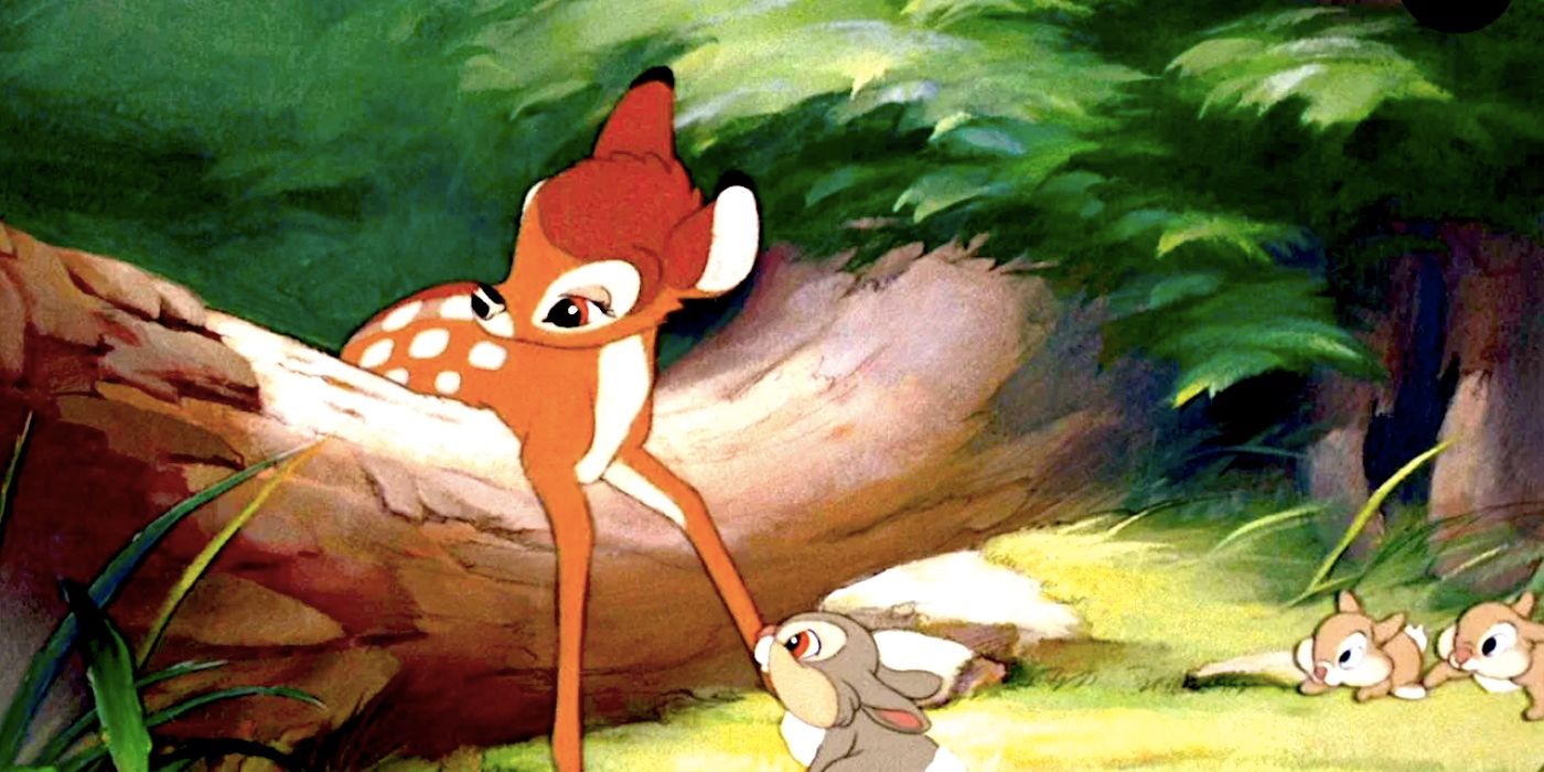 Bambi stuck on a log beside Thumper and two small rabbits in Bambi
