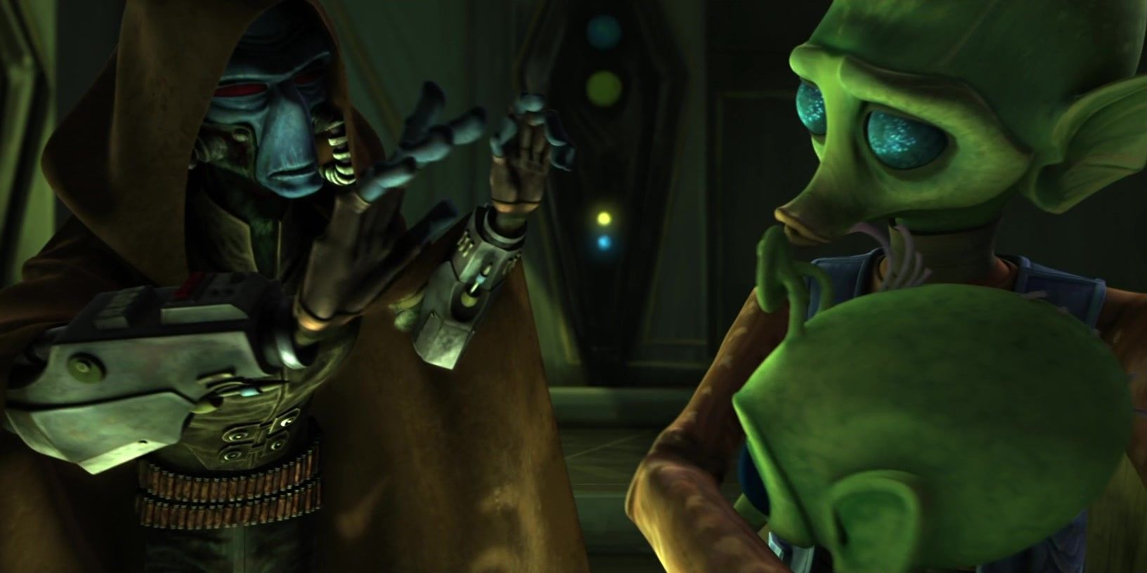 Cad Bane tries to trick a mother into surrendering her Force-sensitive child to him by posing as a Jedi in Star Wars: the Clone Wars season 2 episode 3