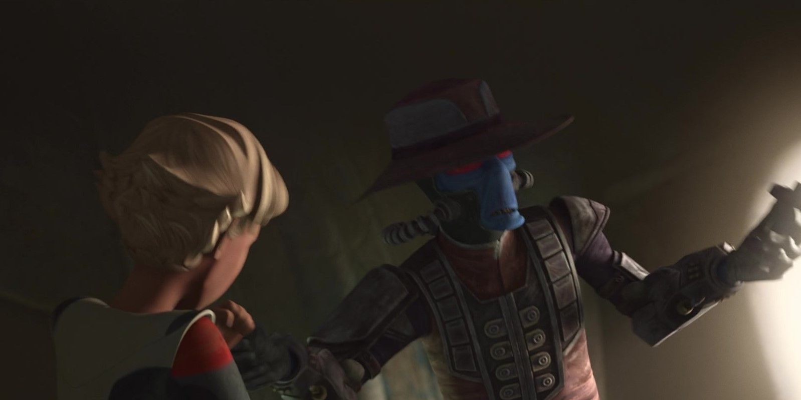 Cad Bane grabs Omega's arm and activates a button with his other hand in Star Wars: The Bad Batch season 1 episode 9