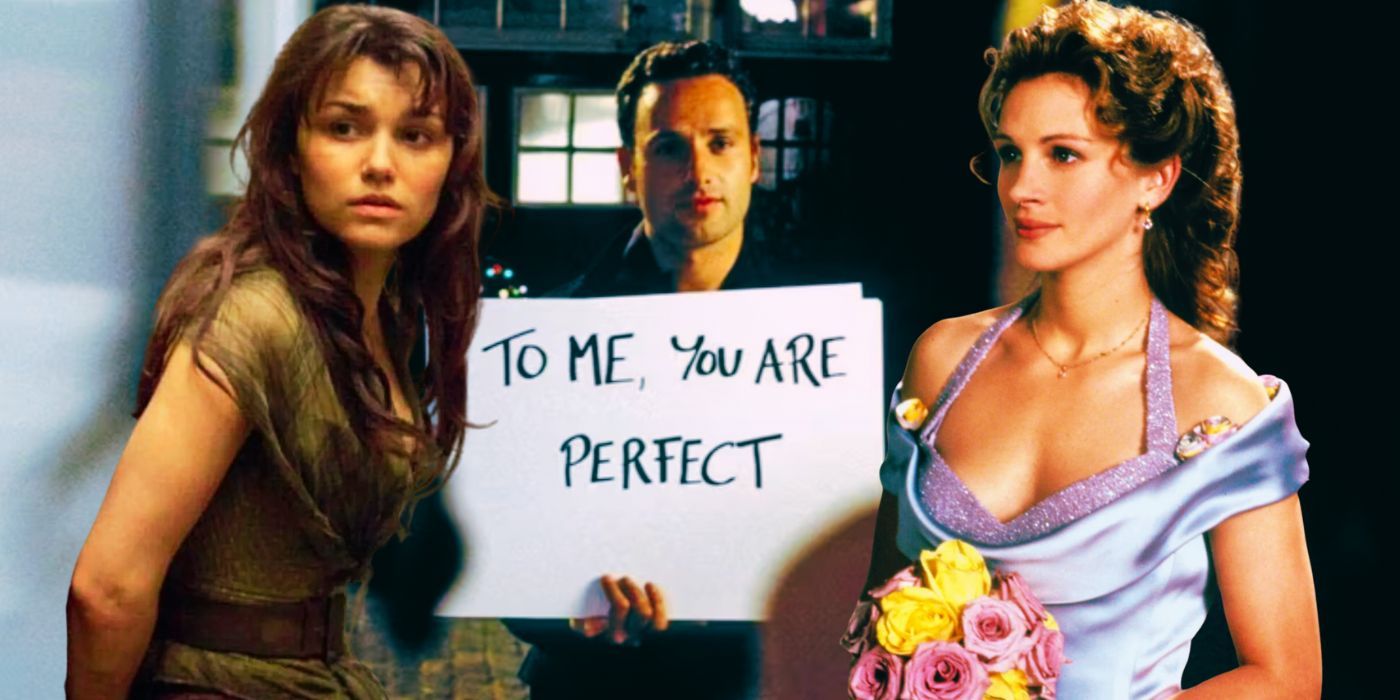 A composite image features Samantha Barks in Les Miserables, Andrew Lincoln in Love Actually, and Julia Roberts in My Best Friend's Wedding