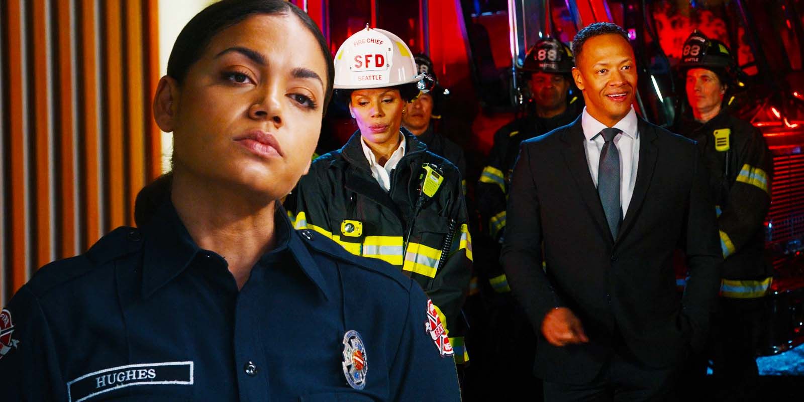 Barrett Doss as Vic Hughes, Merle Dandridge as Chief Natasha Ross and Emerson Brooks as Mayor Robel Osman in Station 19 season 7 episode 5