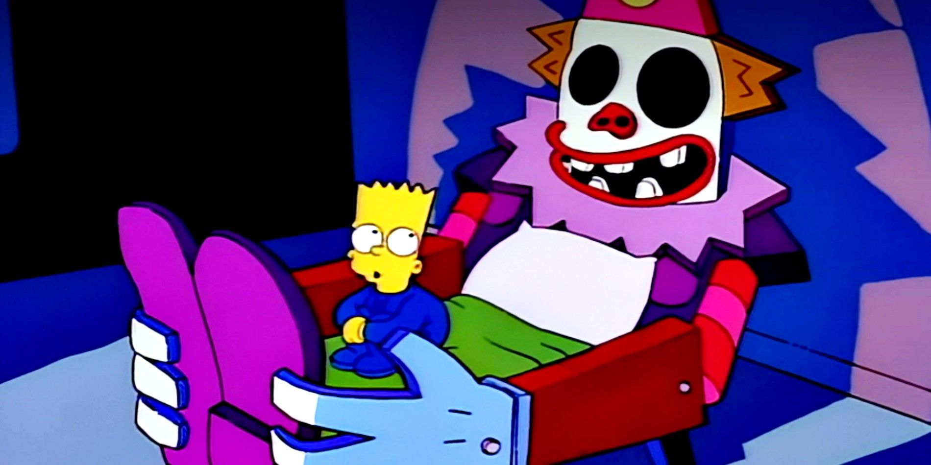 A young Bart looking at the scary clown bed in The Simpsons season 4 episode