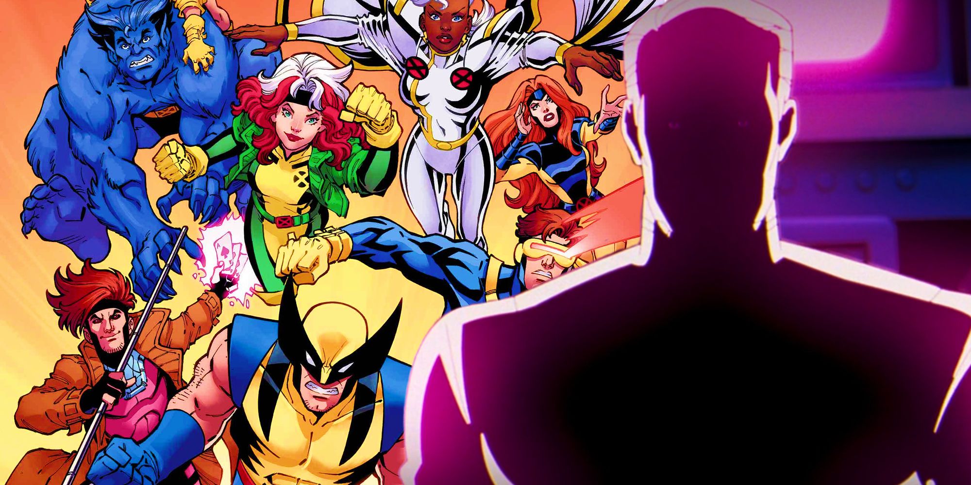 Bastion shrouded in shadows in X-Men '97 next to the main team in X-Men '97's poster