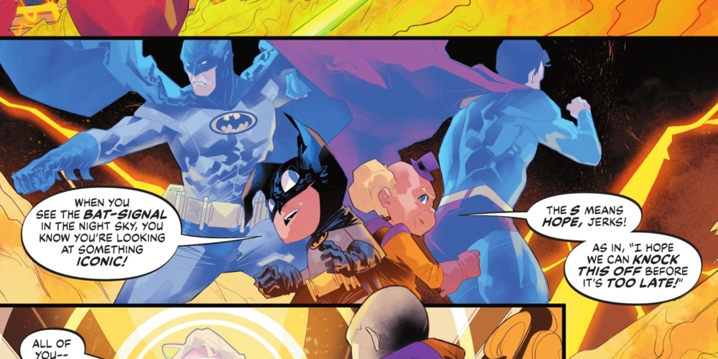 Bat-Mite e Mxyzptlk discutem sobre Batman e Superman DC