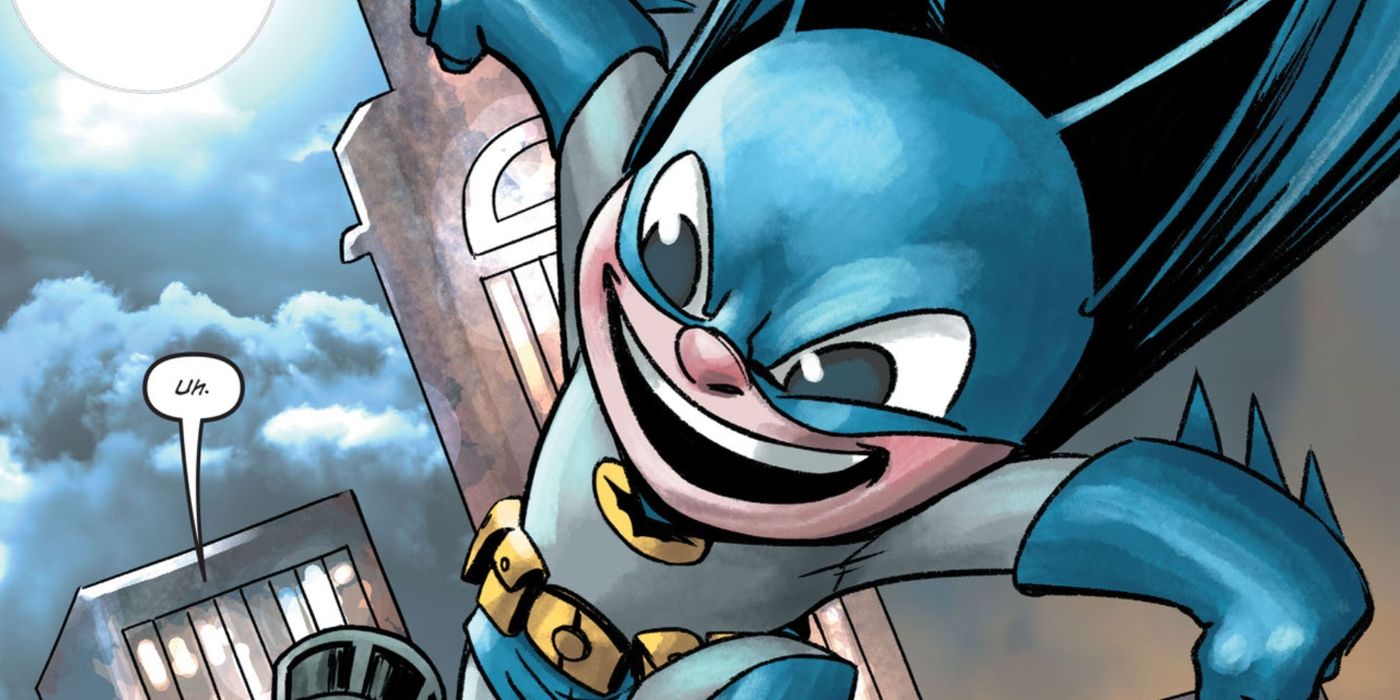 Bat-Mite chutando um criminoso no rosto DC