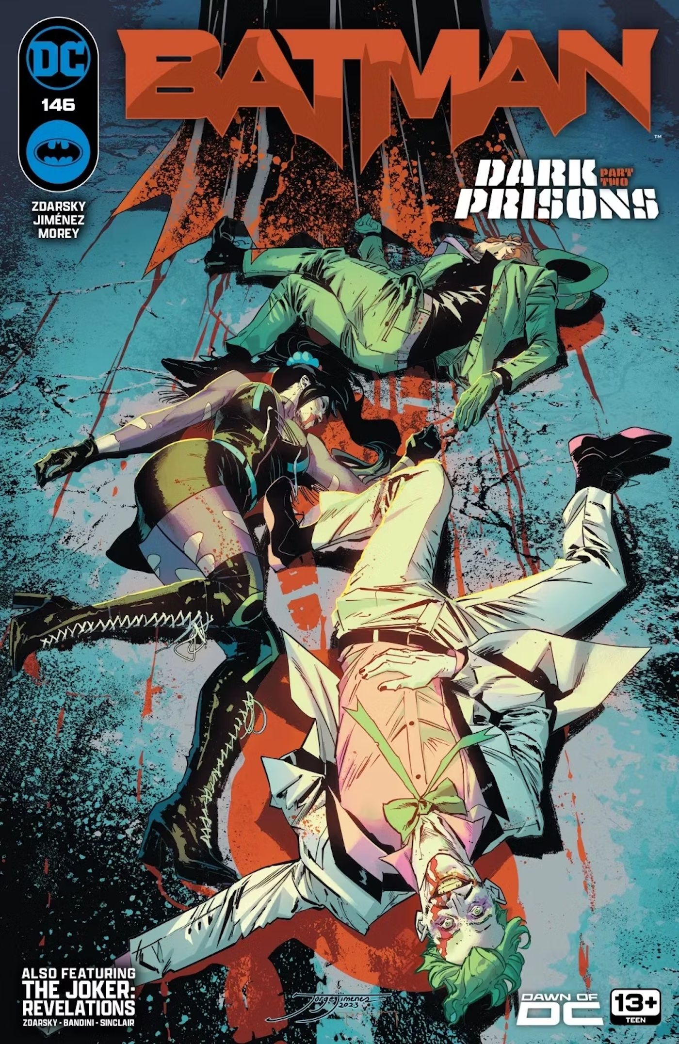 Batman 146 Main Cover: the Joker, Punchline, and the Riddler, all bloodied on the floor.