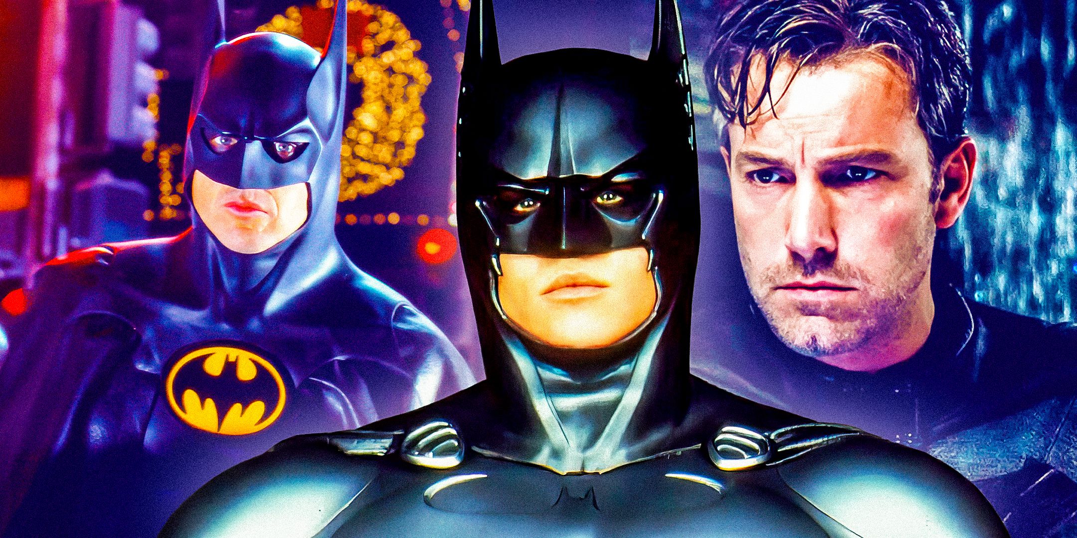 Batman 1989 Michael Keaton as in full Batman costume next to Val Kilmer in Batman Forever and Ben Affleck in Batman v Superman without the cawl