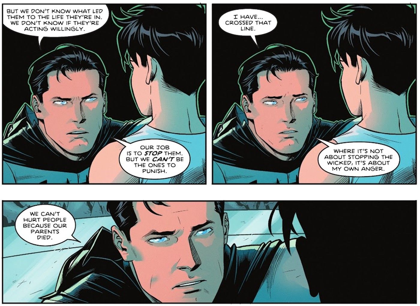 Comic book panels: Batman speaks to a young Dick Grayson.