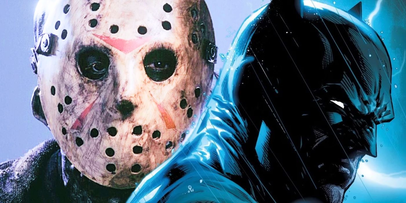 Comic Batman in a rain storm on the right looking slightly behind him with Jason Vorhees to his left slightly looking at batman