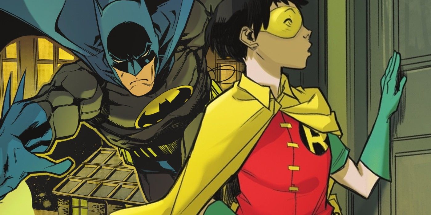 Arte em quadrinhos: Robin Mapeia Mizoguchi na frente do Batman em seu capuz azul.