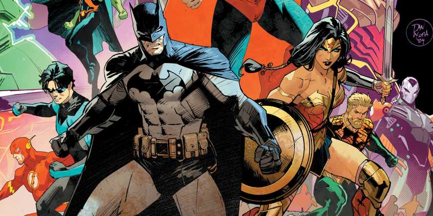 Comic book art: Batman leads the Justice League into battle.