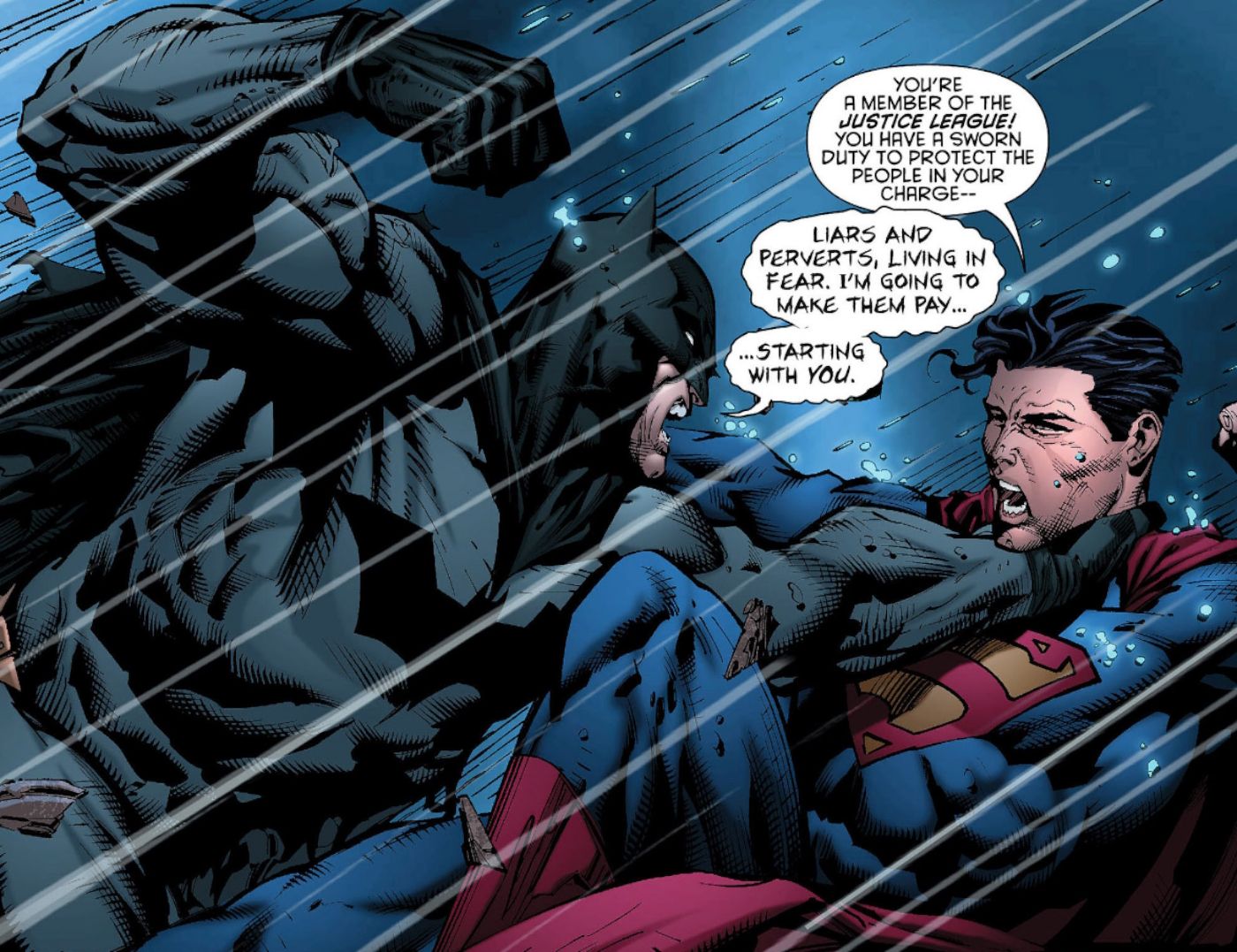 Comic book panel: Batman Attacks Superman While On Drugs