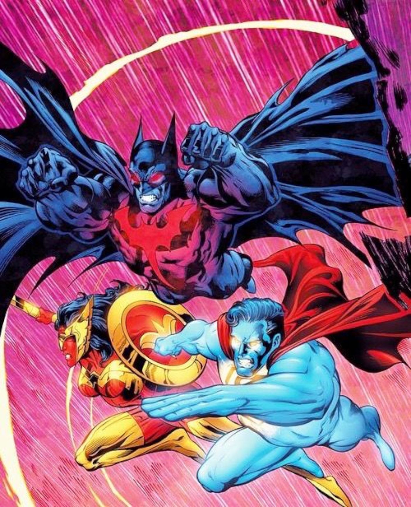 Comic book panel: Batman Became The God Atmahn alongside other dark gods based on Superman and Wonder Woman.
