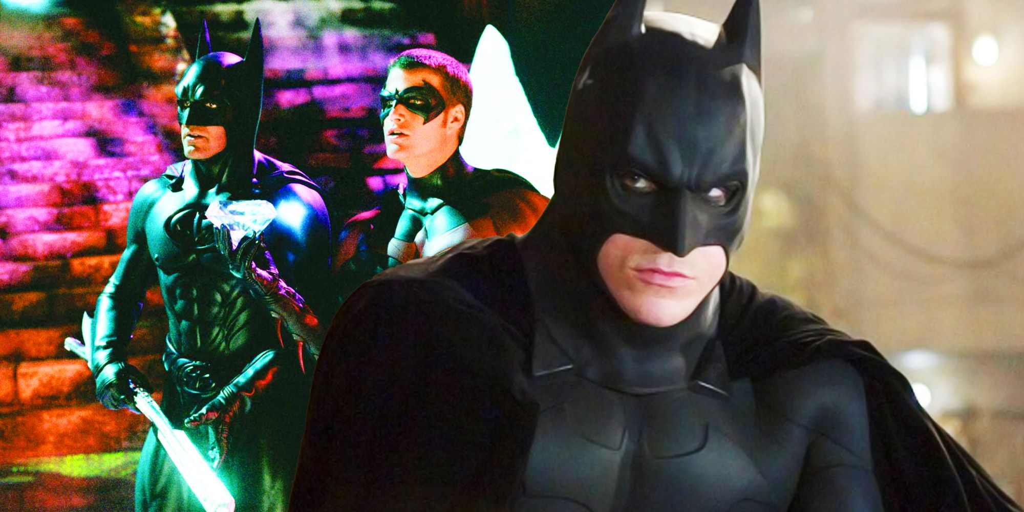 Split image of Two versions of Batman and one robin looking to the side Batman Begins and Batman & Robin.