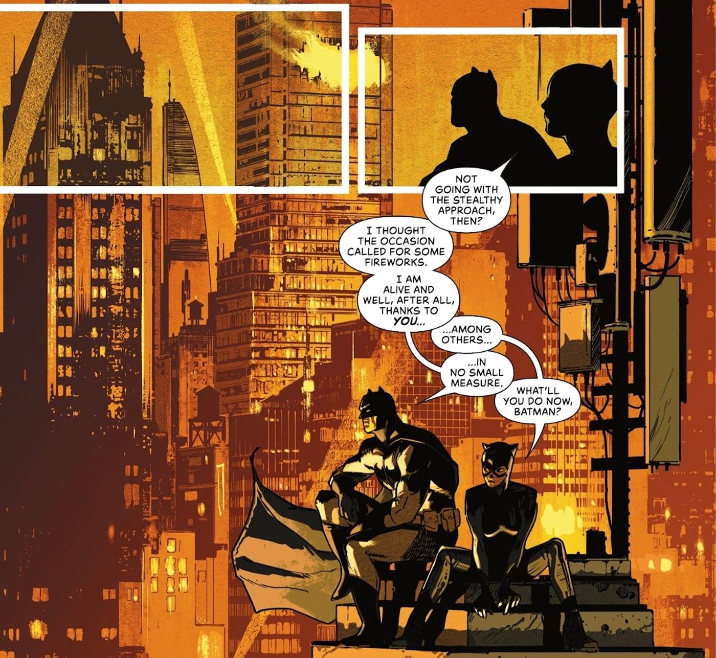 Painéis de quadrinhos: Batman e Mulher-Gato conversam em um telhado.